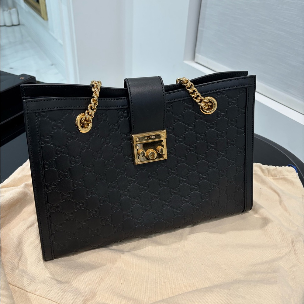 Gucci Black Leather Tote with Gold Chain Accents - Picture 2 of 7
